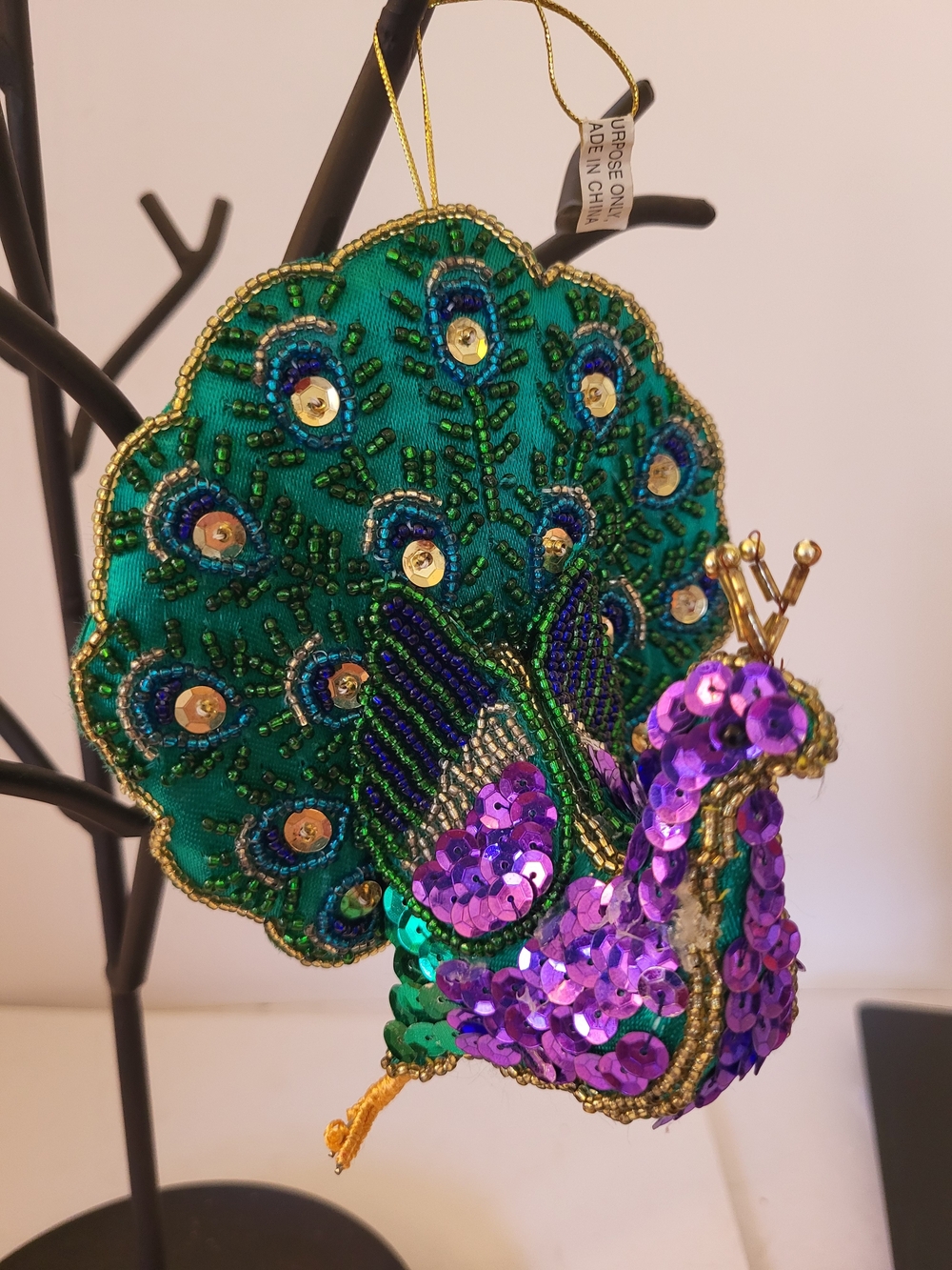 Vintage Silk Beaded Peacock Ornament 5.5"